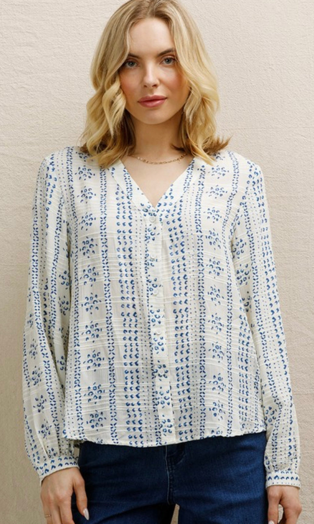 Cirilla White Navy Pattern V Neck Button Front Long Sleeve Blouse