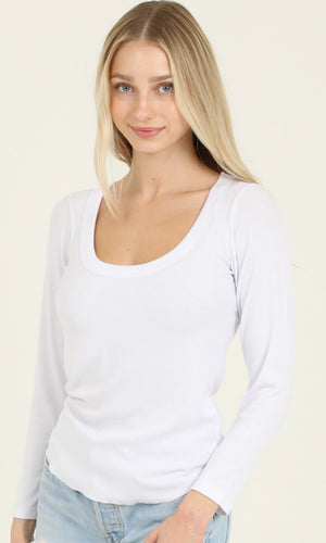 Carina White Rib Knit Scoop Neck Rounded Hem Long Sleeve Top