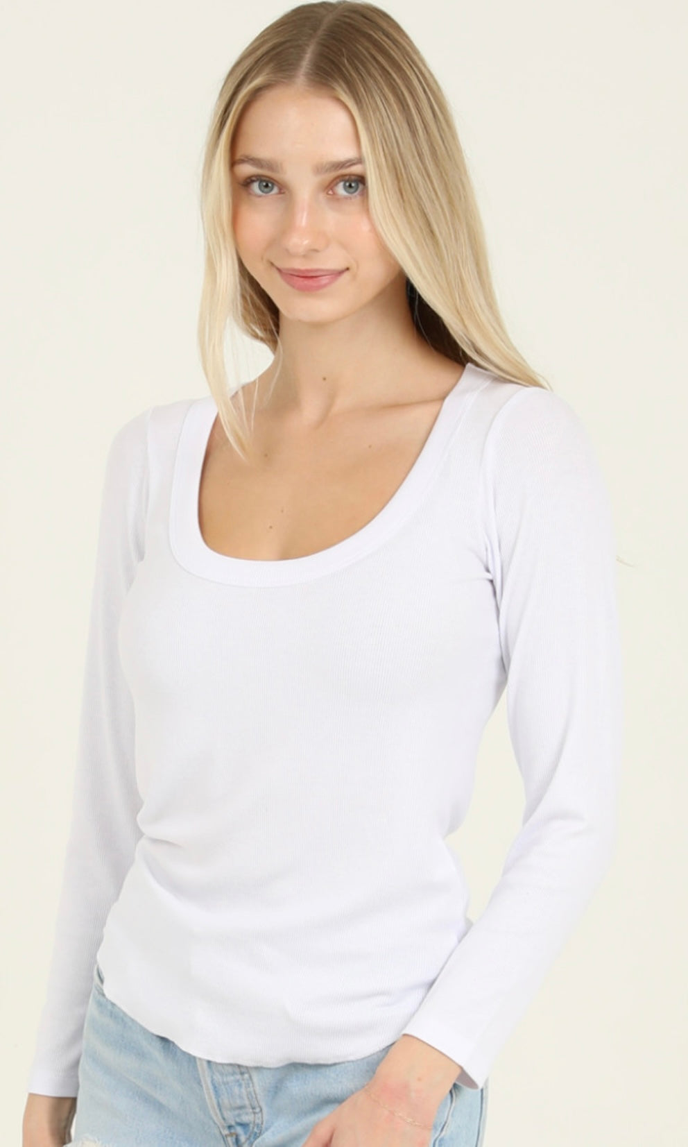 Carina White Rib Knit Scoop Neck Rounded Hem Long Sleeve Top