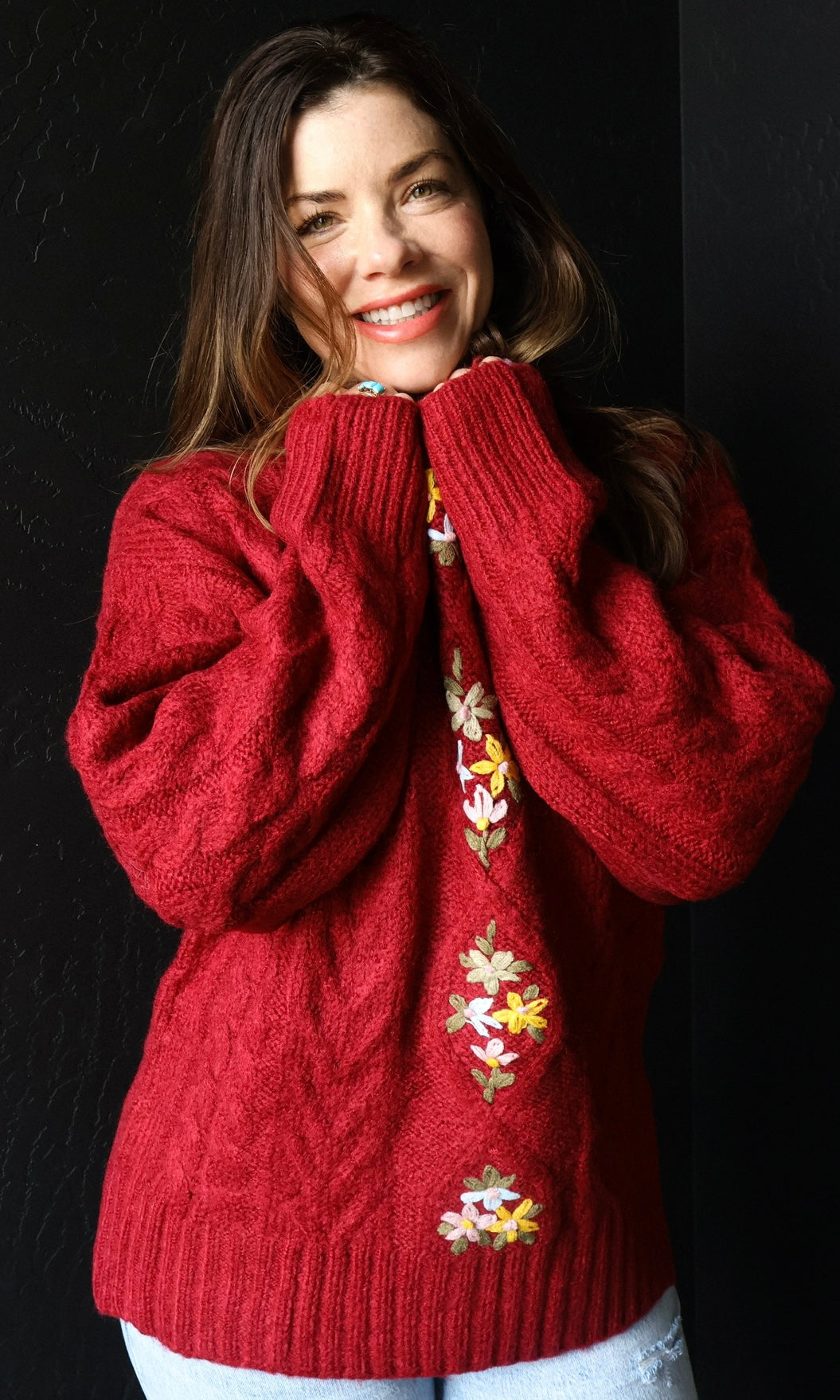 O'Shea Red Floral Cable Knit Sweater