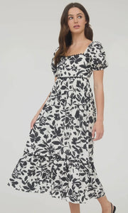 Lawson Black Floral Scallop Trim Puff Sleeve Midi Dress