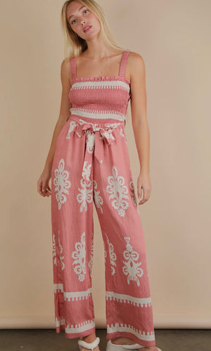 Madeline Blush Boho Printed Smocking Detail Jumpsuit