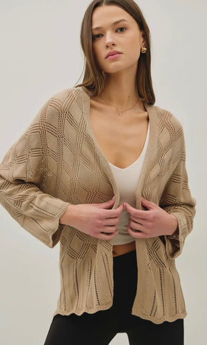 Luca Taupe Lightweight Crochet Cardigan with Scallop Hem