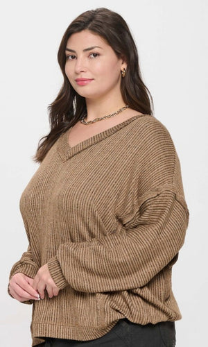 Plus Striped Drop Shoulder V Neck Knit Top