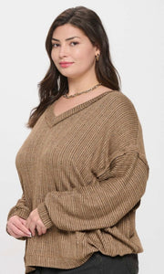 Plus Striped Drop Shoulder V Neck Knit Top