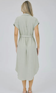 Gracie Light Olive Collared Button Down Belted Midi Dress