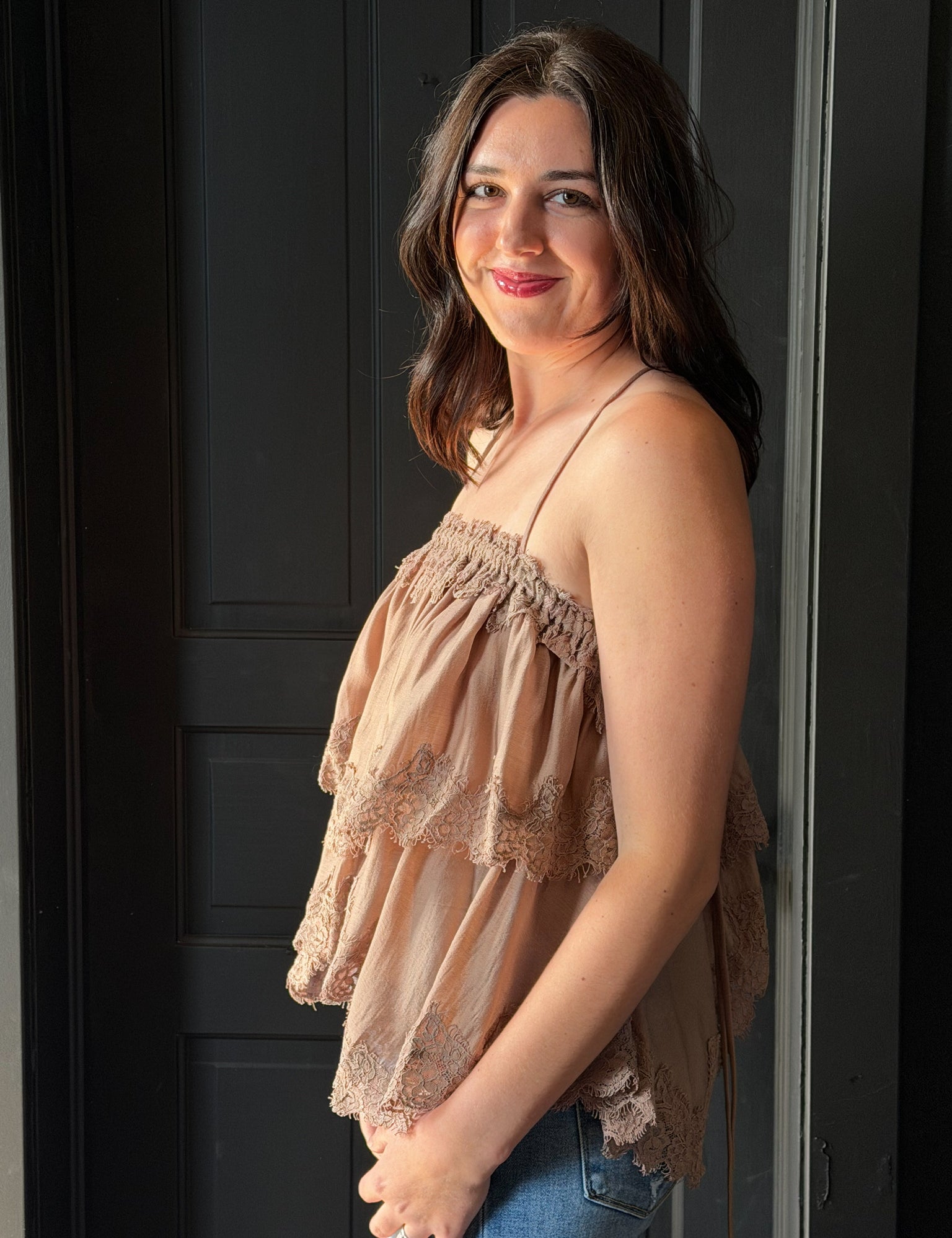 Kaleb Lace Trim Hemline Tiered Cami Top With Crisscross Tie Back