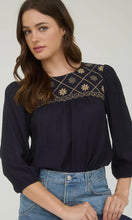 Lylah Navy Floral Embroidered Yoke 3/4 Sleeve Blouse