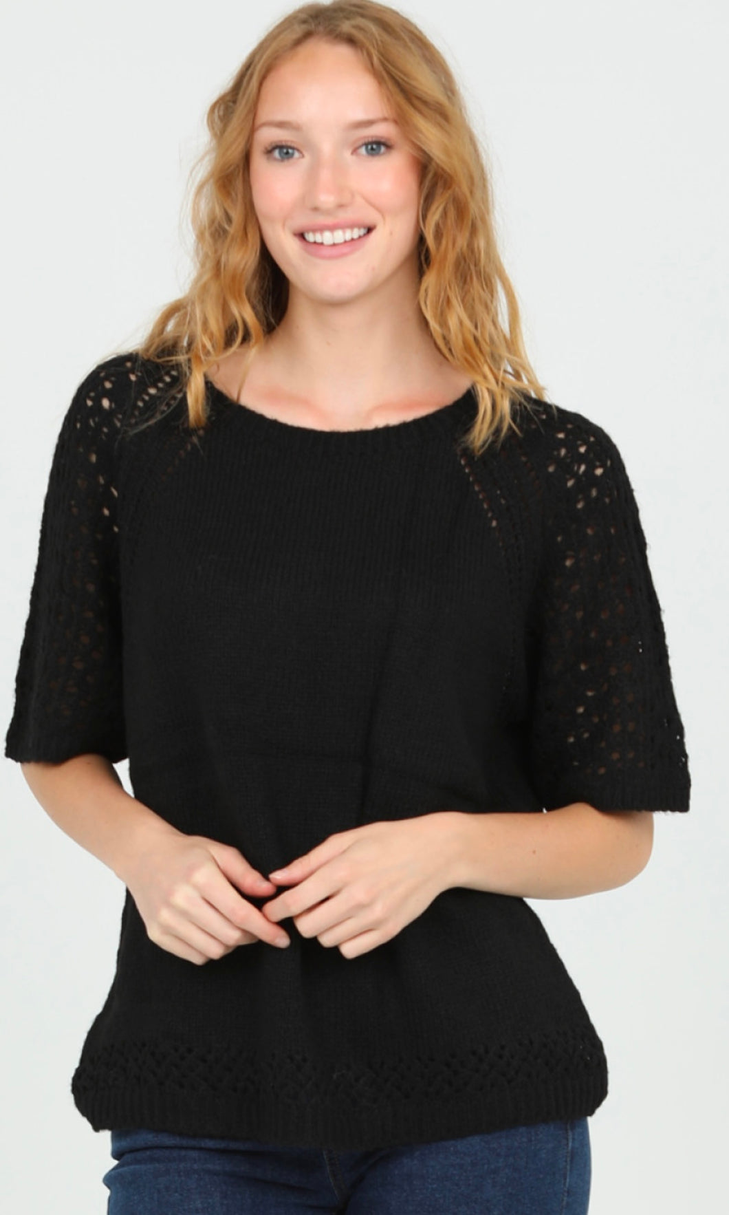 Cara Black Open Knit Short Sleeve Pullover Sweater