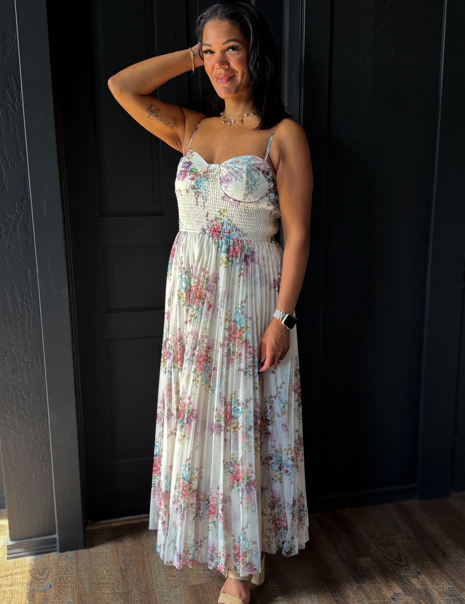 Maisy Pleated Floral Tulle Maxi Dress