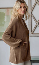 Ariba Chestnut Solid Rib Drop Shoulder Button Balloon Sleeve Cardigan