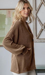 Ariba Chestnut Solid Rib Drop Shoulder Button Balloon Sleeve Cardigan