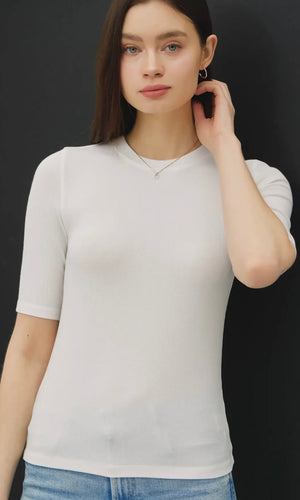 Luna Off White Classic Ribbed Crewneck Short Sleeve Top