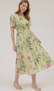 Lillie Sage Floral Short Sleeve Tiered Midi Dress
