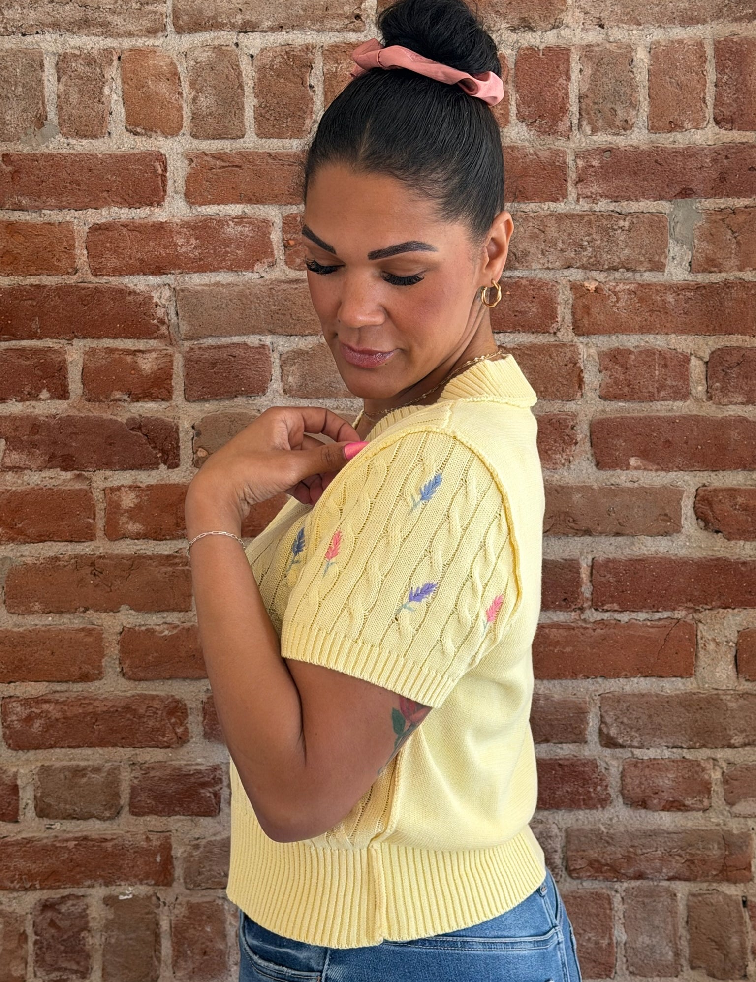 Kaydence V Neck Short Sleeve Cable Knit Sweater Top