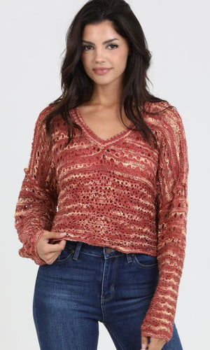 Cleta Rust Open Knit V Neck Pullover Sweater