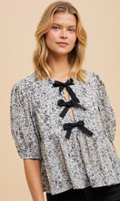 Delaney White and Black Bow Accent Floral Top With Puff Sleeves