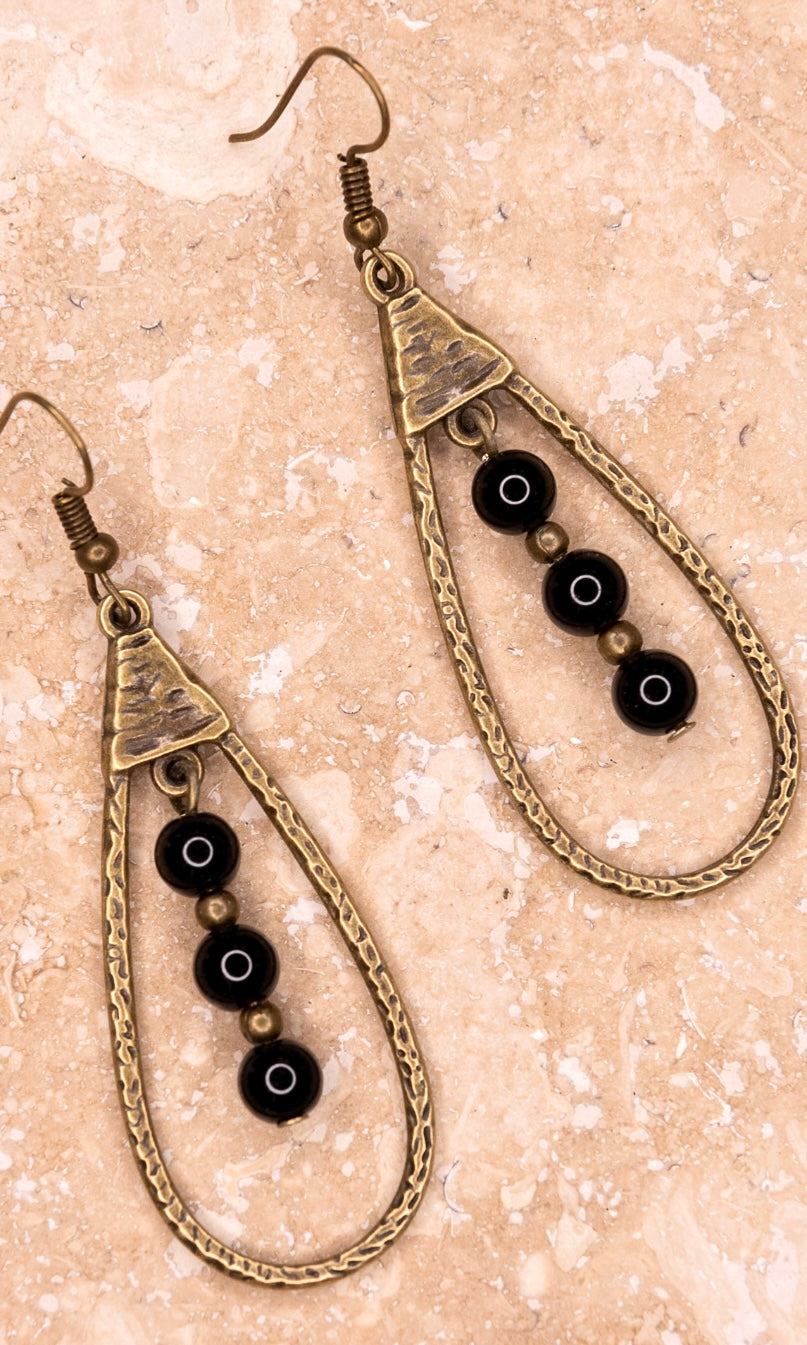 Sherri Black Beaded Charm Bronze Teardrop Dangle Earrings