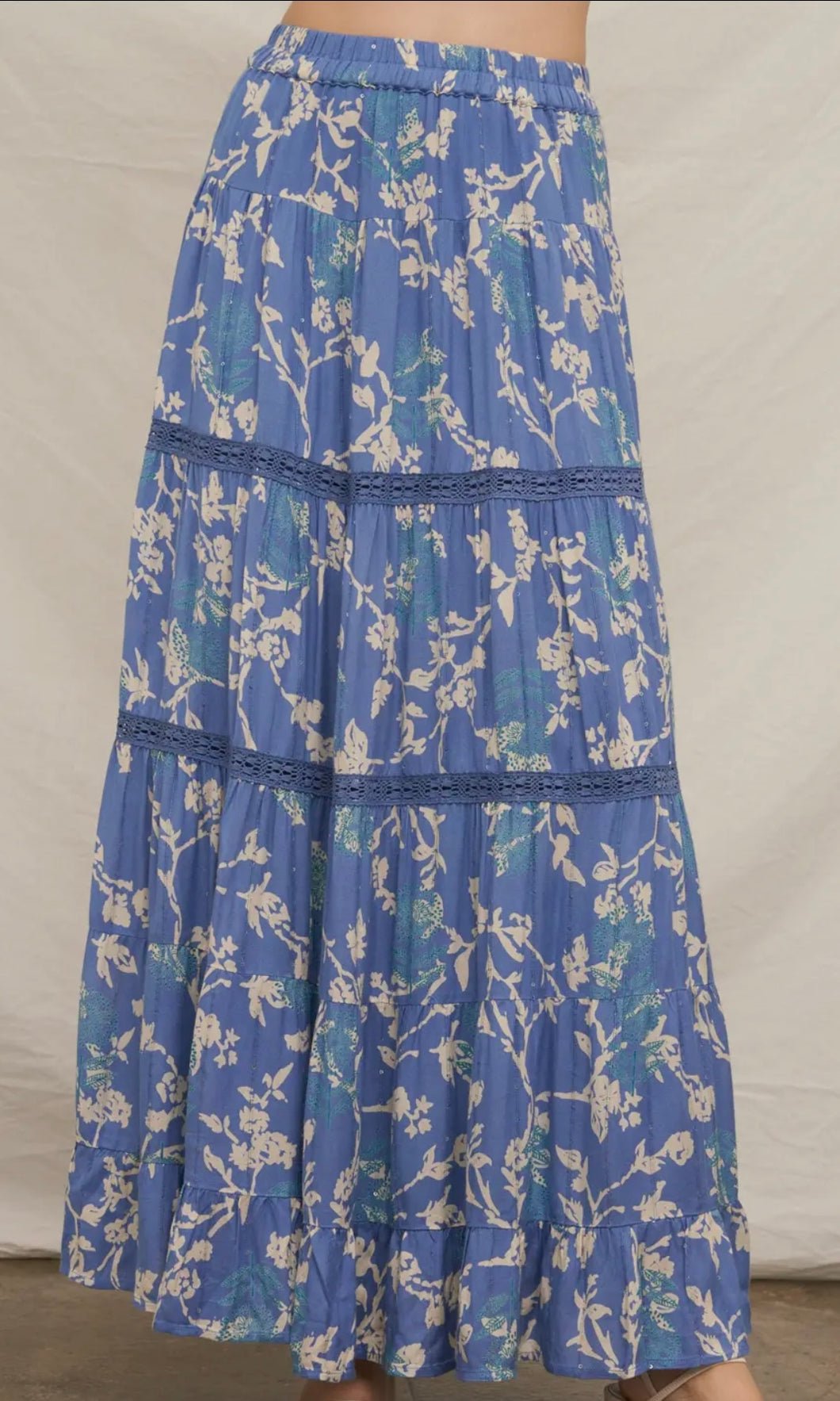 Kourtney Blue Floral Tiered Maxi Skirt with Sequin Detail
