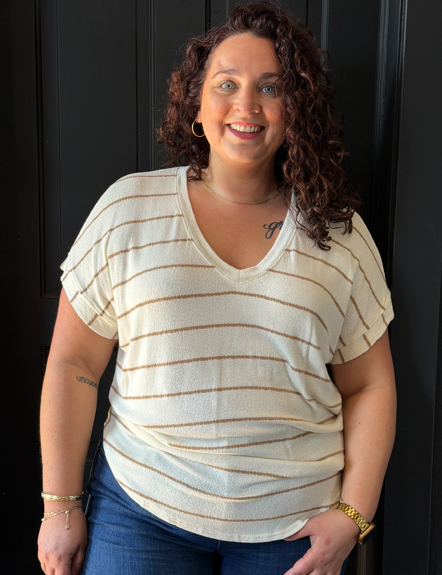 Isabela Plus Stripe V Neck Cuffed Short Sleeve Knit Top