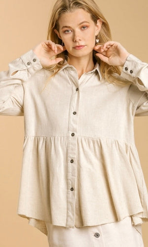 Abilene Oatmeal Button Tiered Blouse Shirt Top