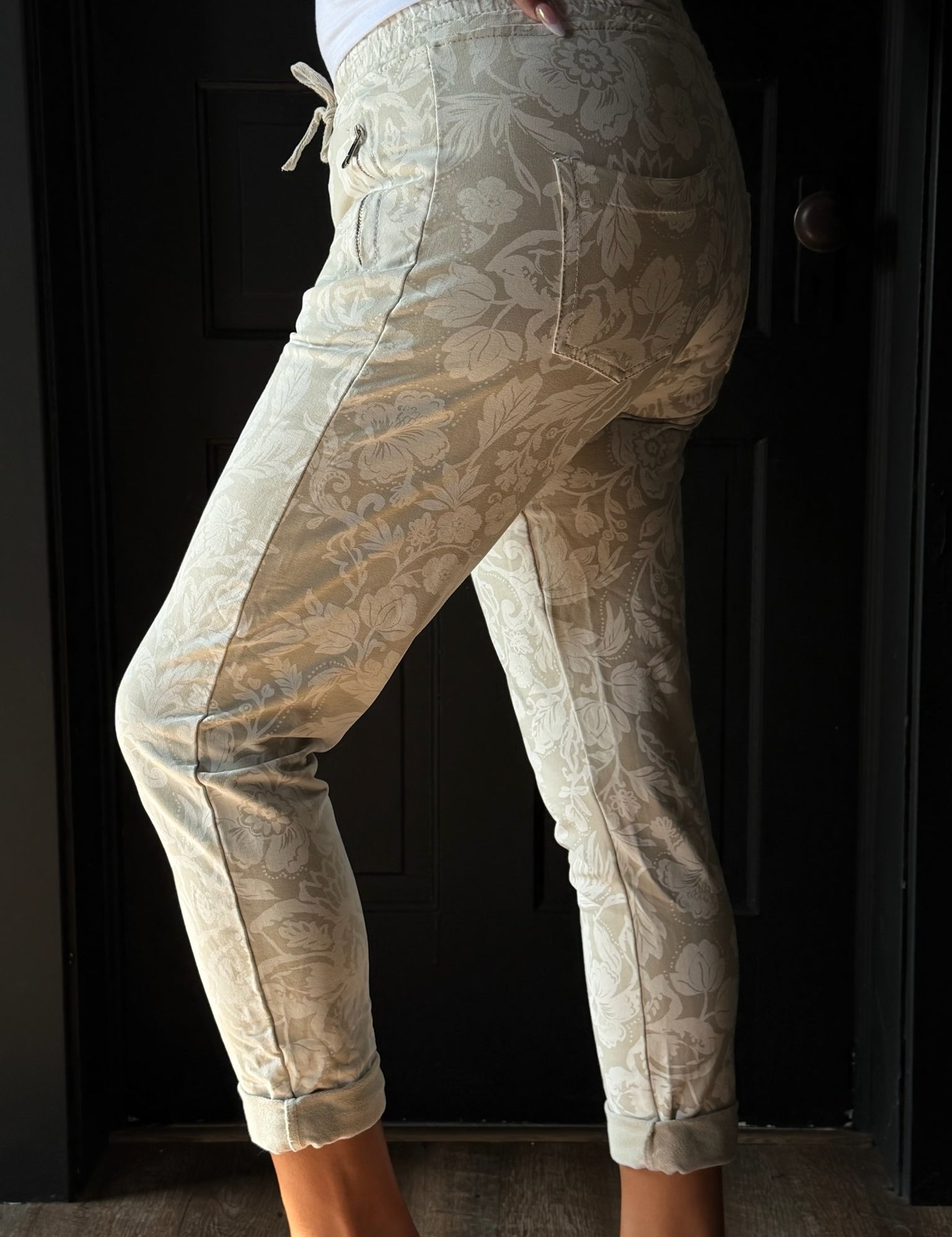 Nyla Beige Floral Print Jogger Pants