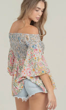 Alizabeth Pink Floral Half Bell Sleeve Smocked Bodice Flowy Top