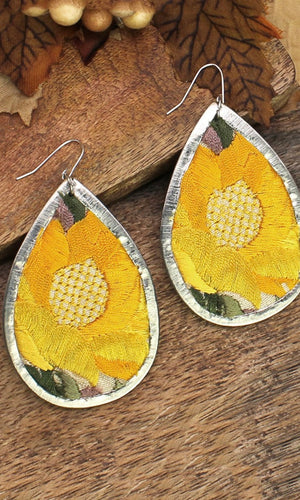 Vintage Inspired Yellow Embroidered Flower Teardrop Earrings