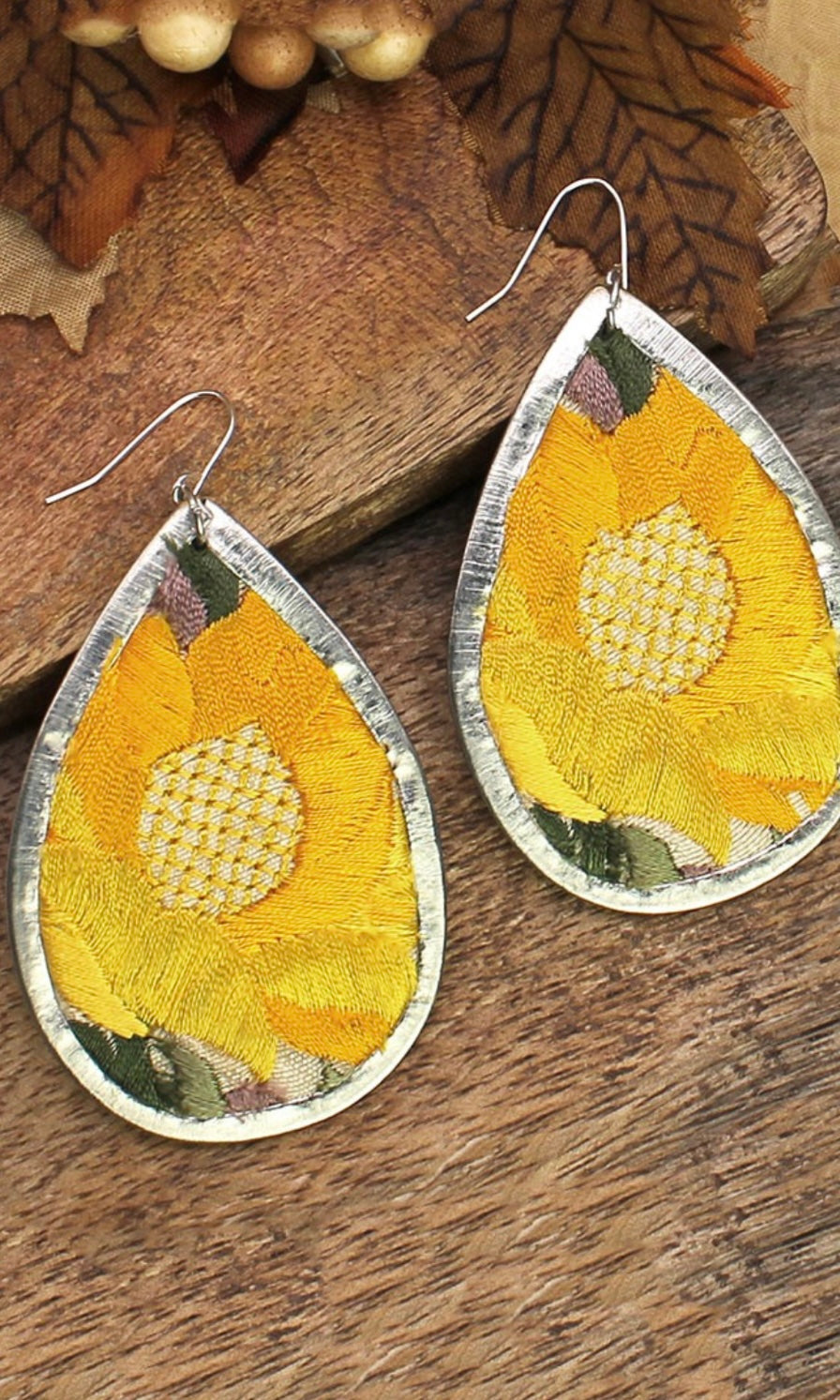 Earring Vintage Inspired Yellow Embroidered Flower Teardrop Earrings