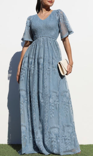 Linda Blue Smocked Top Lace Maxi Dress
