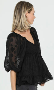 Cosma Black Sheer Puff Sleeve V Neck Blouse