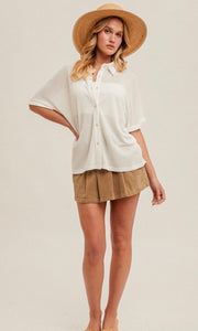 Gelle Off White Burn Out Striped Button Down Knit Shirt