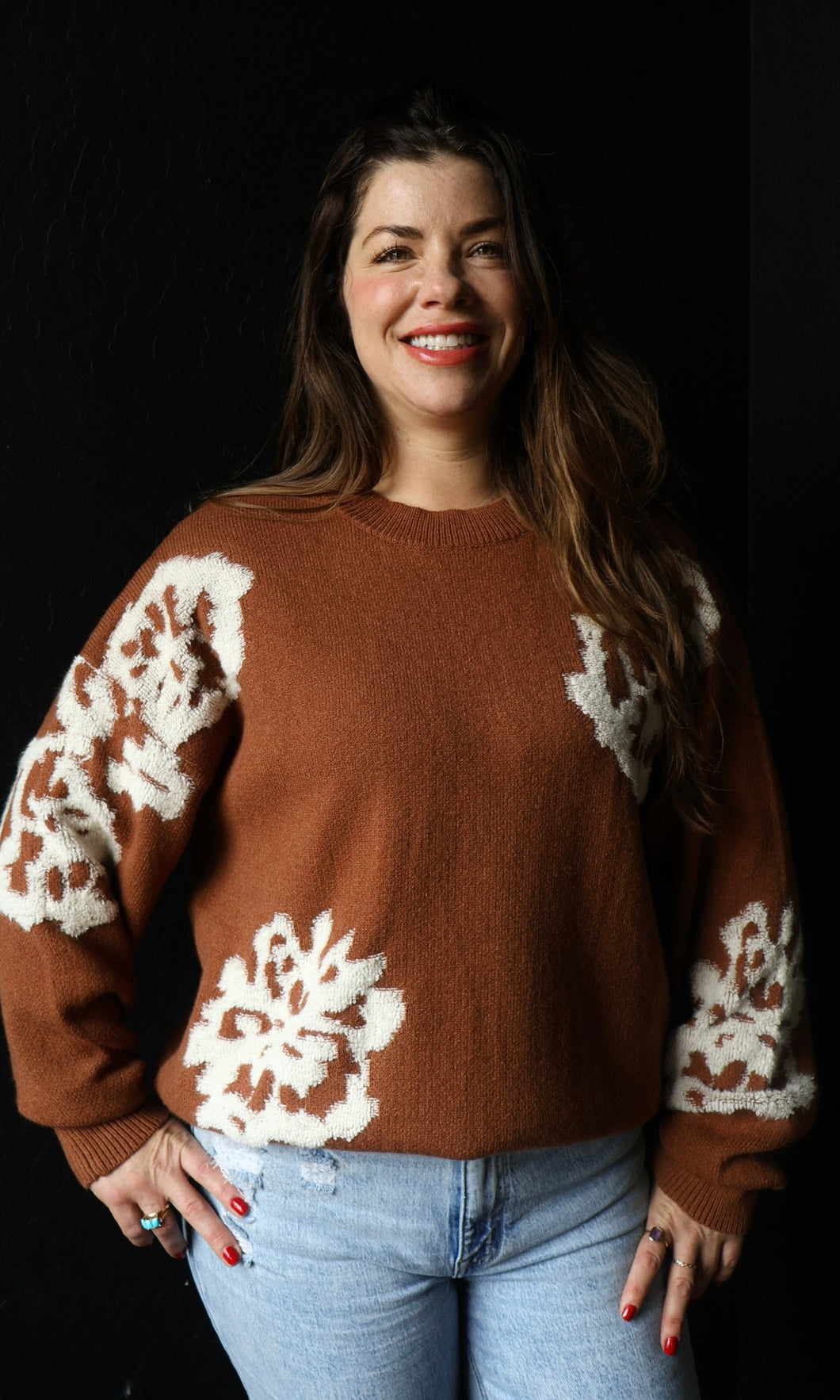 Oziah Camel Intarsia Floral Knitted Sweater