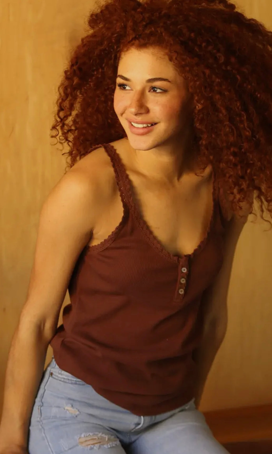 German Dark Oak Lace Trim Rib Knit Cami