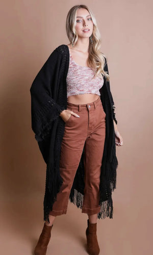 Porter Black Open Work Frayed Border Bohemian Ruana