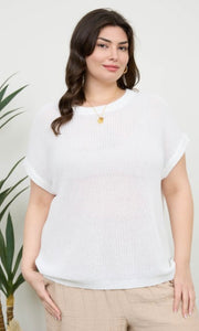 Emiko White Plus Sheer Knit Crewneck Batwing Sweater Top