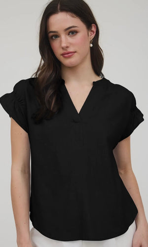 Lucia Black Split Neck Rushed Sleeve & Back Linen Blouse