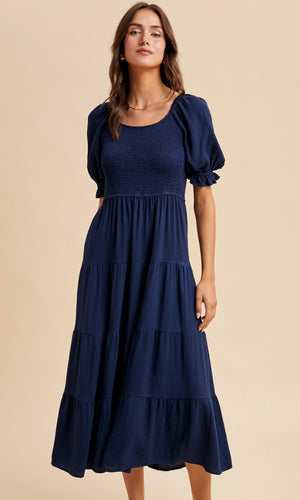 Leanna Navy Smocked Tiered Maxi Dress