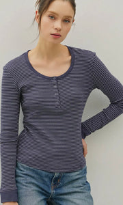Ismael Charcoal Blue Stitched Thermal Henley Neck Top