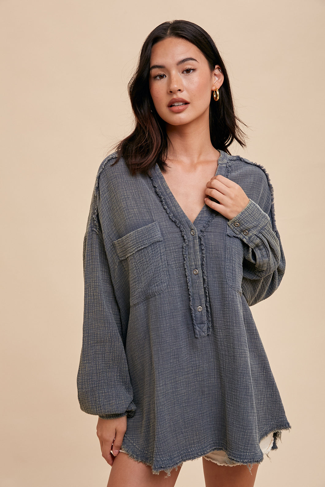 Ophelia Midnight Garment Washed Cotton Gauze Placket Blouse