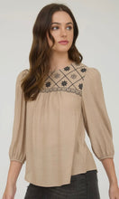 Lylah Taupe Floral Embroidered Yoke 3/4 Sleeve Blouse