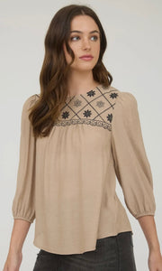 Lylah Taupe Floral Embroidered Yoke 3/4 Sleeve Blouse