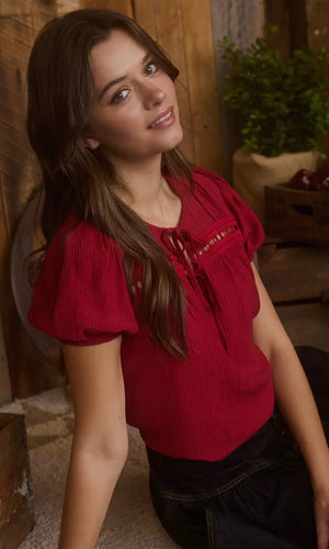 Heini Red Eyelet Lace Trim Double Front Tie Puff Sleeve Top