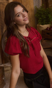 Heini Red Eyelet Lace Trim Double Front Tie Puff Sleeve Top