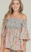 Alizabeth Pink Floral Half Bell Sleeve Smocked Bodice Flowy Top