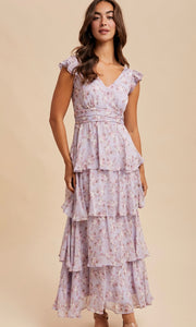 Akira Lilac Tiered Chiffon Floral Maxi Dress