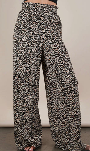Maeve Mocha Leopard Print & Solid Wide Leg Pleated Pants