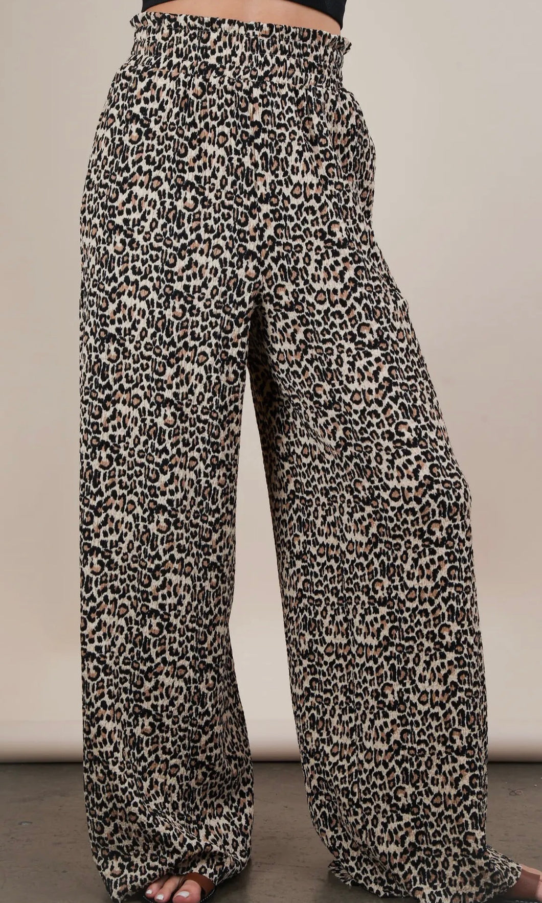 Maeve Mocha Leopard Print & Solid Wide Leg Pleated Pants