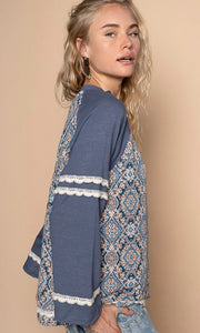 Diana Navy Round Neck Long Sleeve Printed Knit Solid Top