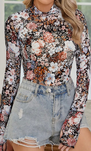 Galilea Brown Floral Mesh Long Sleeve Blouse